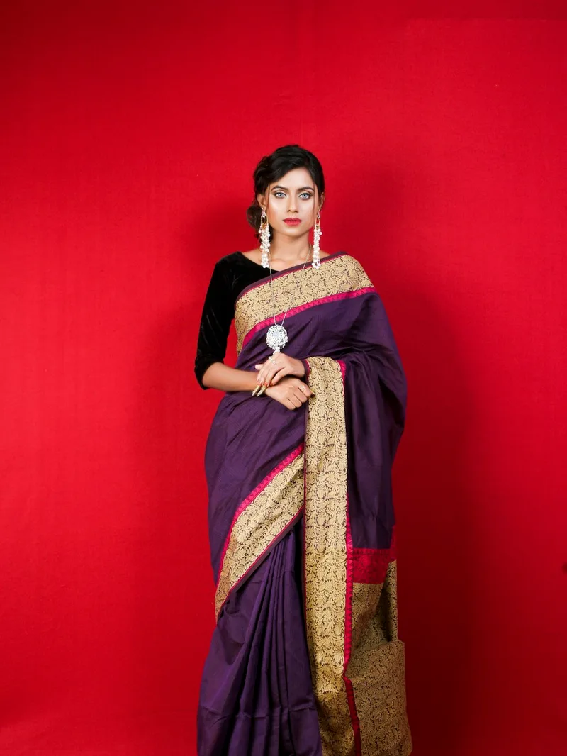 Alpha Purple Semi Silk Saree with Gold Border