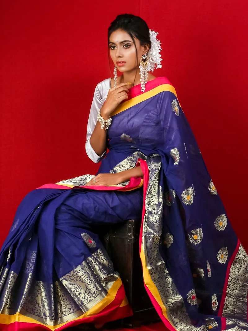 Alpha Navy Blue Paithani Style Silk Saree